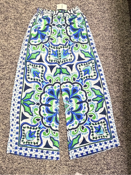 Current Air Pants - Avara Current Air Tile Print Wide Leg Pants Blue Green Elastic Waist Palazzo
